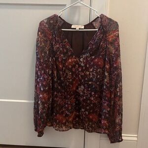 LOFT Burgundy Floral V-Neck Sheer Blouse with Pink and Orange Accents